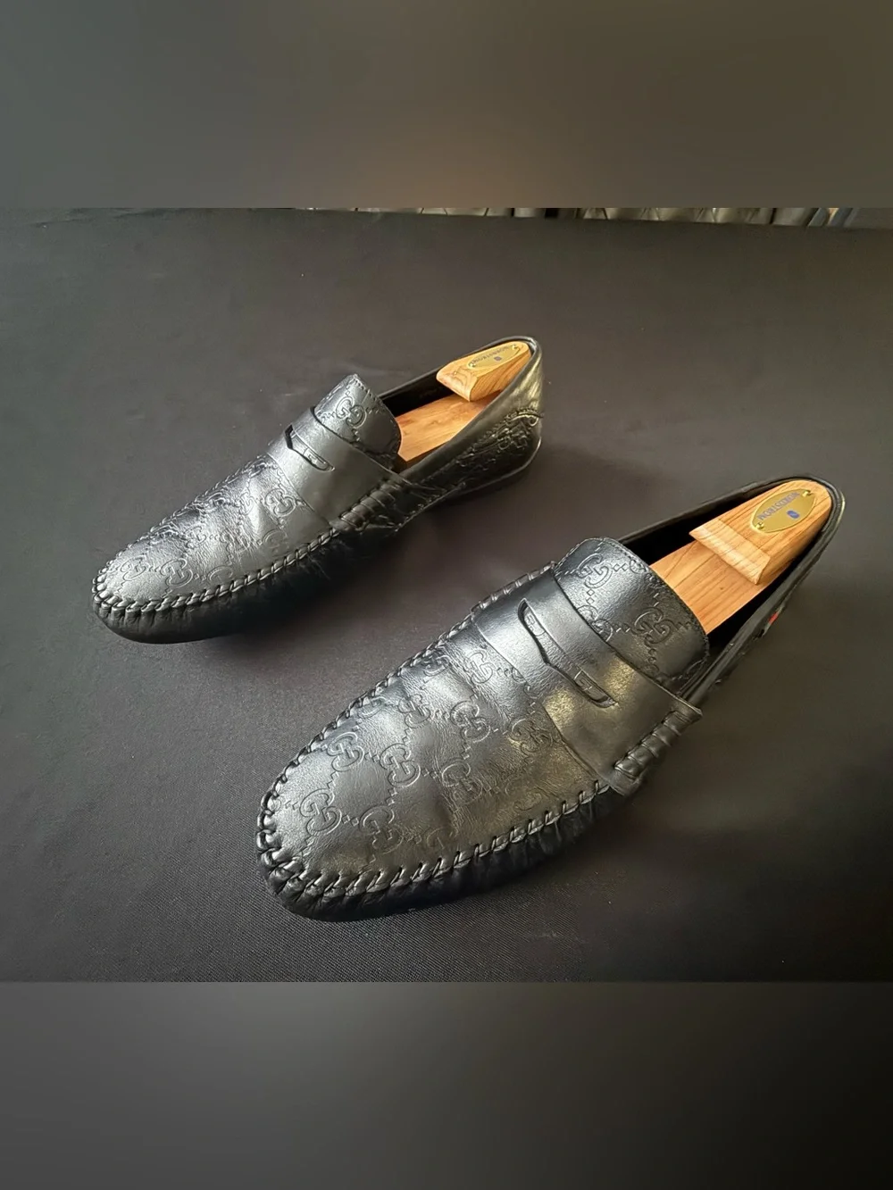 Gucci Guccissima Black Leather Penny Loafers Mens 12 G